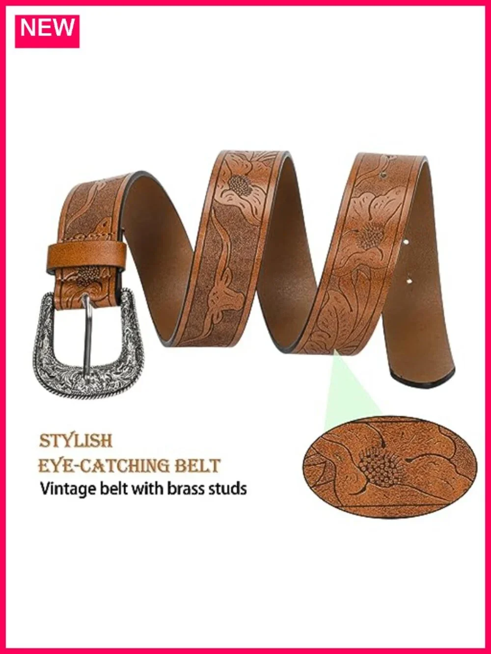 Vintage Faux Leather Belt with Hollow Out Flower Buckle